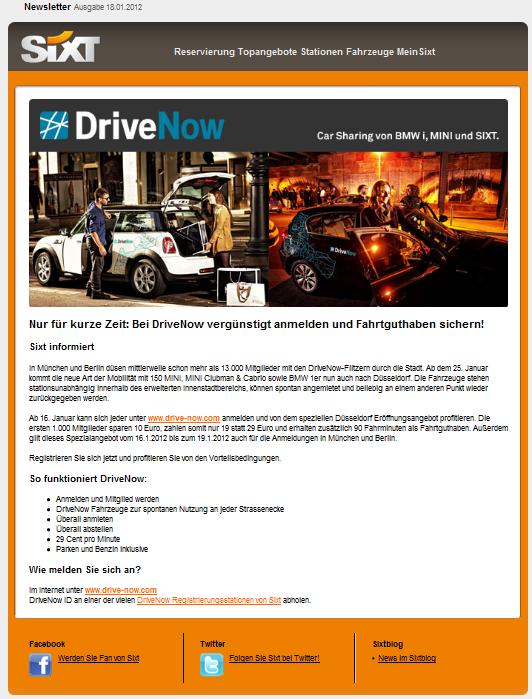 Sixt Newsletter zu DriveNow in Düsseldorf, 18.1.