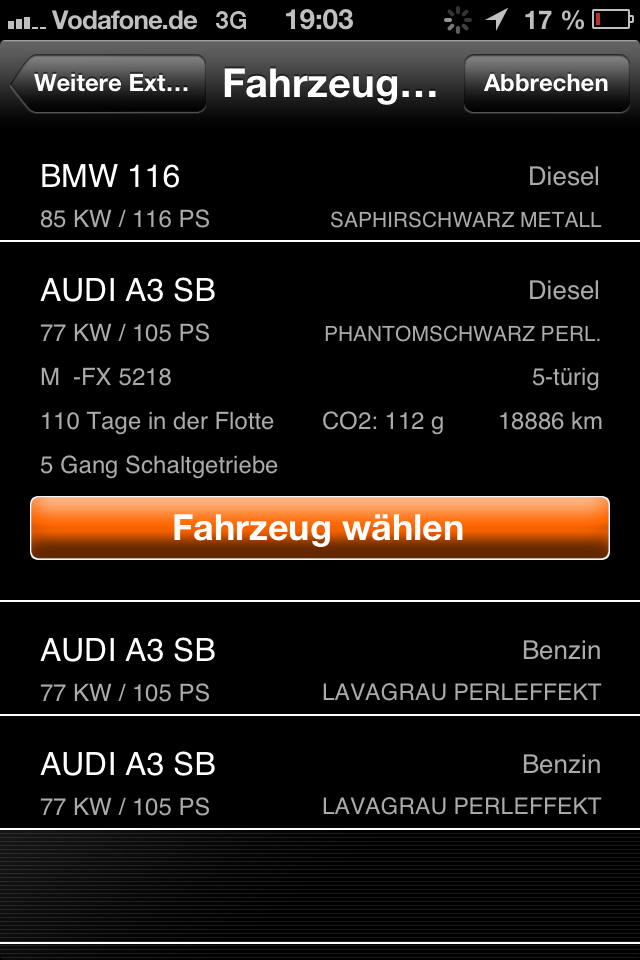 iPhone App Fahrzeugauswahl