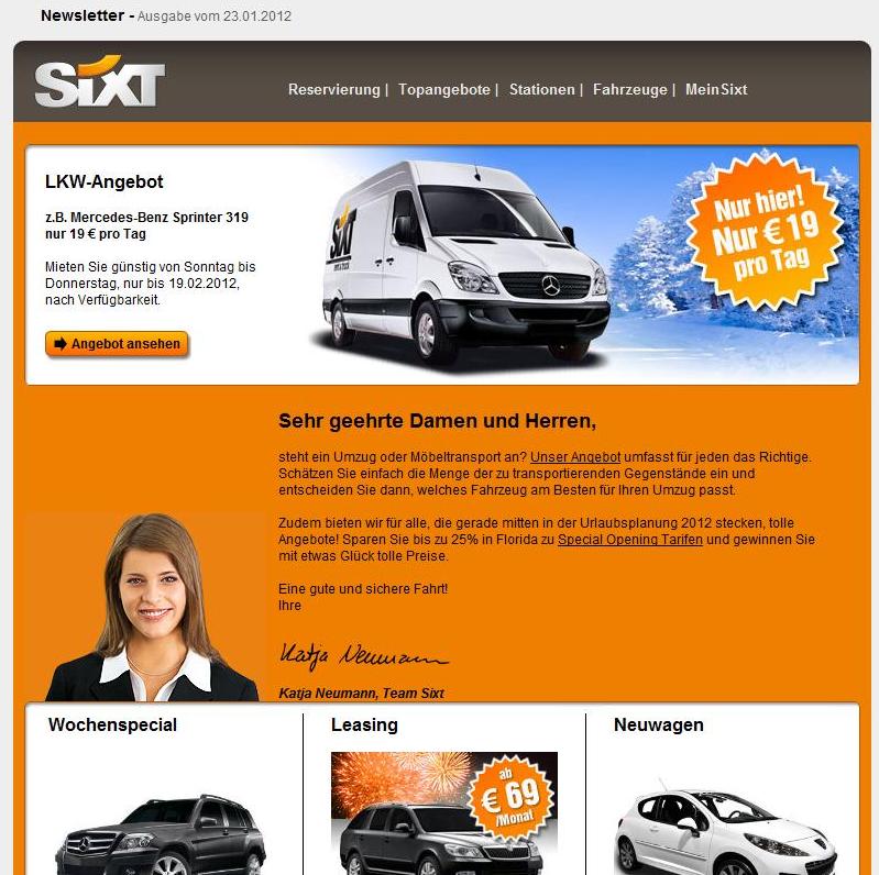 Sixt-Newsletter zu 19€-Transporter-Special, 23.1.